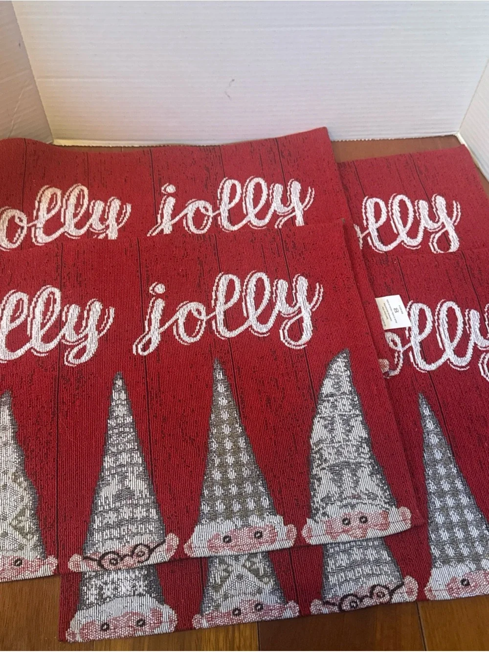 Set of 4 Tapestry table Placemats Holly Jolly W/ 5 Peeking  Gnomes 13x19” New